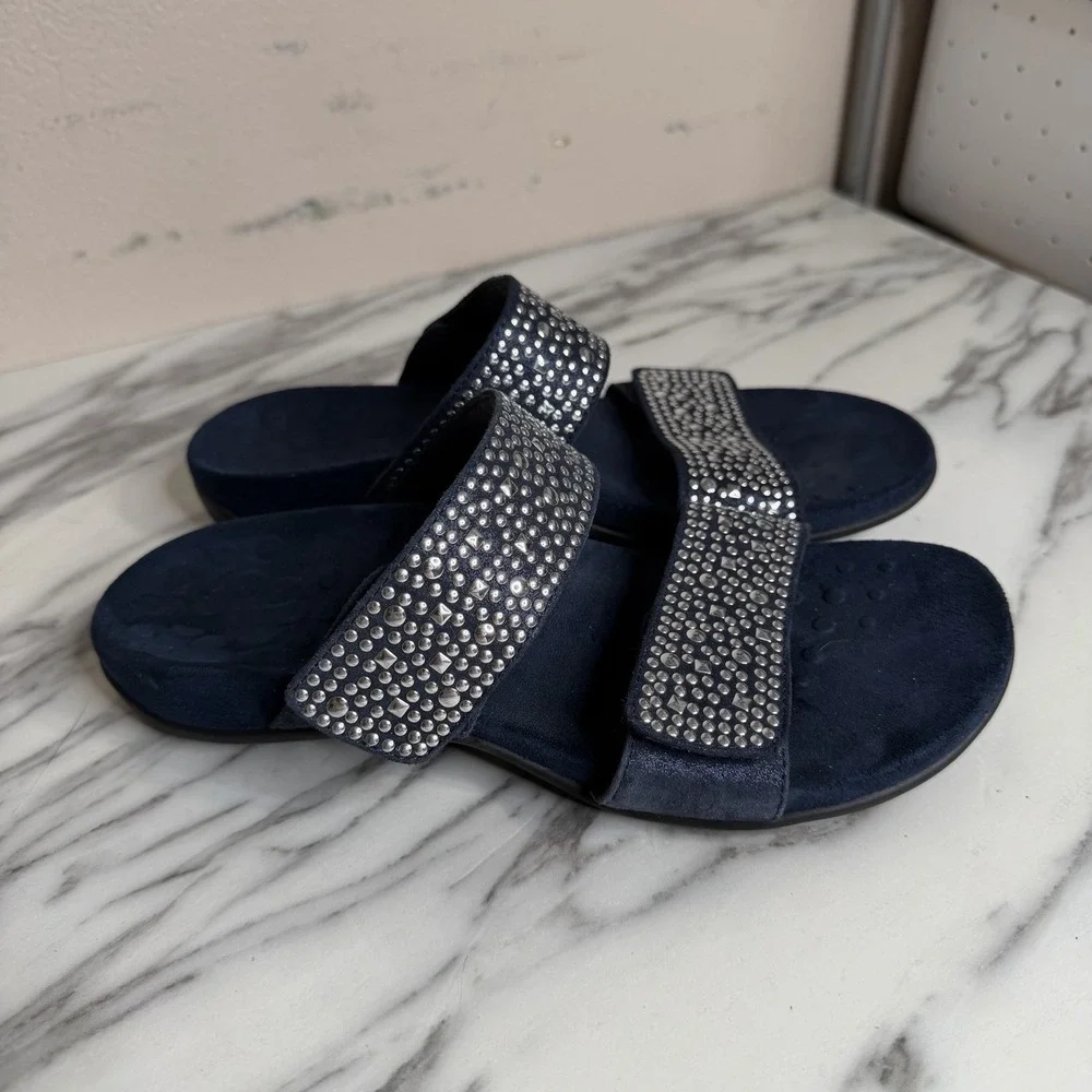 Vionic Samoa Double Strap Slide Sandals Sz 7 Blue Studded Suede Leather Comfort